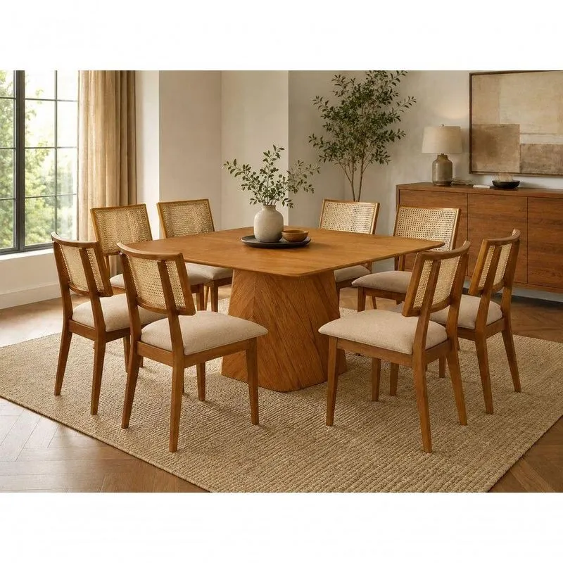 Sala De Jantar Dubai 8 Lugares Tampo Em Mdf Tecido Linho Bege 135cm