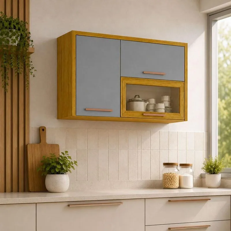 Aéreo Cozinha Dália 120cm 3 Portas MDF Cinamomo E Cinza