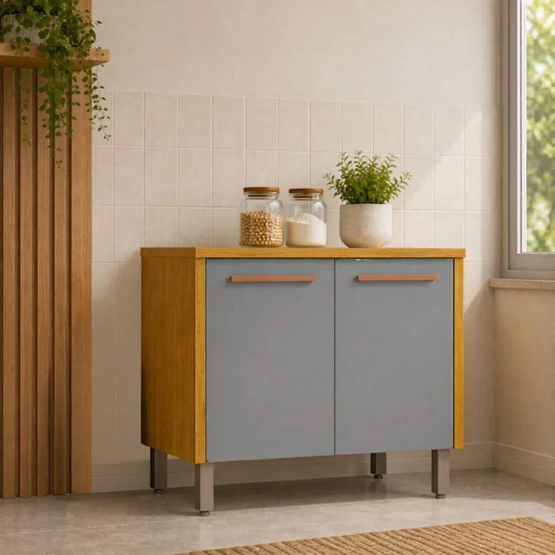 Balcão Cozinha Dália 2 Portas MDF 82cm Cinamomo E Cinza