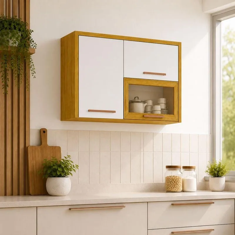 Aéreo Cozinha Dália 120cm 3 Portas MDF Porta de Bater Cinamomo e Off White