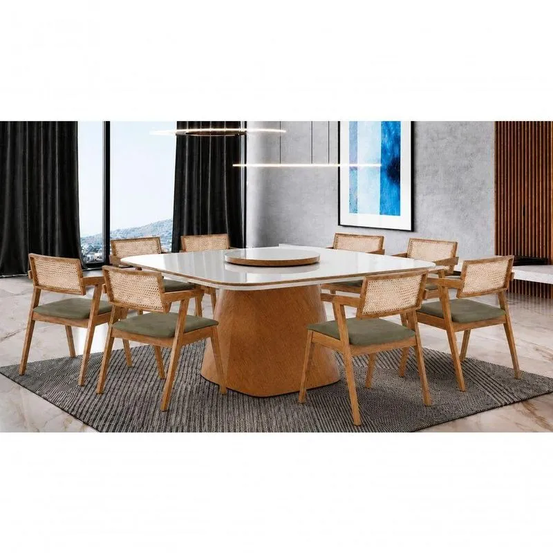 Sala De Jantar Berlin 8 Lugares Tampo Em Vidro Com Prato Giratório Canela 135cm Imperial Móveis