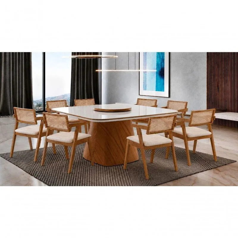 Sala De Jantar Berlin 8 Lugares Tampo Em Vidro Com Prato Giratório Canela 135cm Imperial Móveis