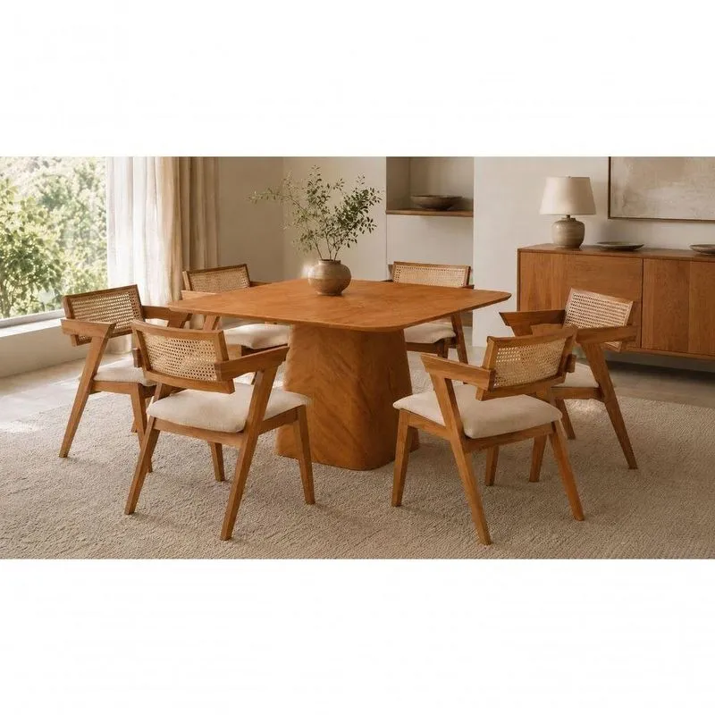 Sala De Jantar Quadrada Berlin 6 Lugares Tampo Laminado Com Madeira Maciça Canela 135cm Imperial