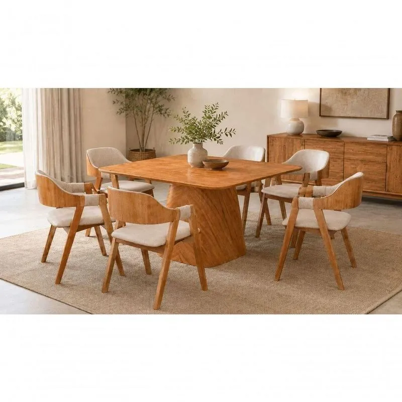 Sala De Jantar Paris 6 Lugares Tampo Em Mdf Com Cadeiras Estofadas Em Linho Canela 135cm