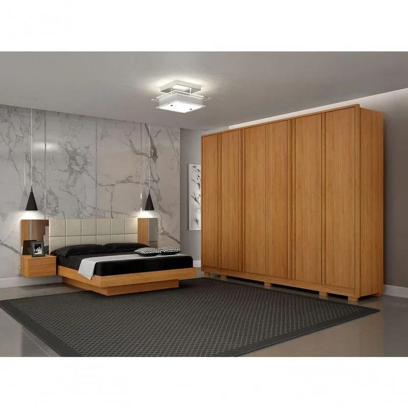Dormitório Casal 2 Peças Com Cama Estofada E Guarda Roupa 6 Portas 6 Gavetas MDF Cinamomo Arbo