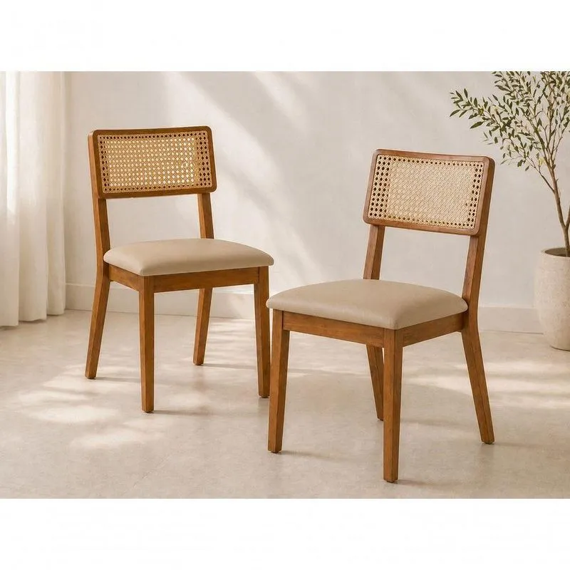 Kit 2 Cadeiras Vix Madeira Maciça Rattan E Tecido Canela Imperial Móveis