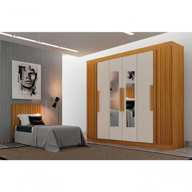 Dormitório Solteiro Atenas 2 Portas 2 Gavetas MDP com Espelho Cinamomo-Off White Arbo Design