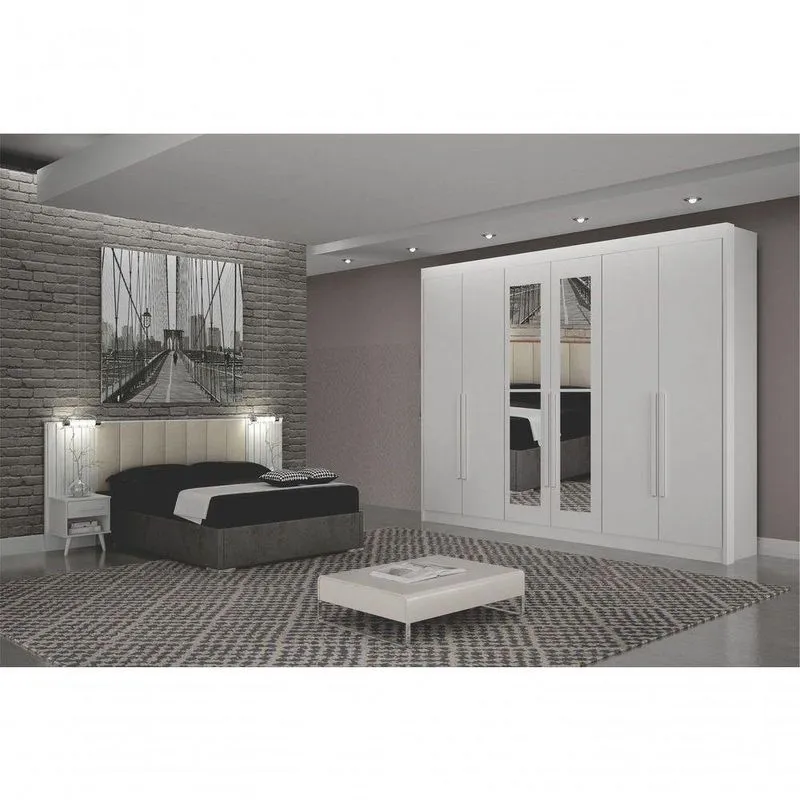 Dormitório Casal 6 Portas De Abrir 6 Gavetas MDF Com Espelho E Painel Para Cama Box Branco Arbo