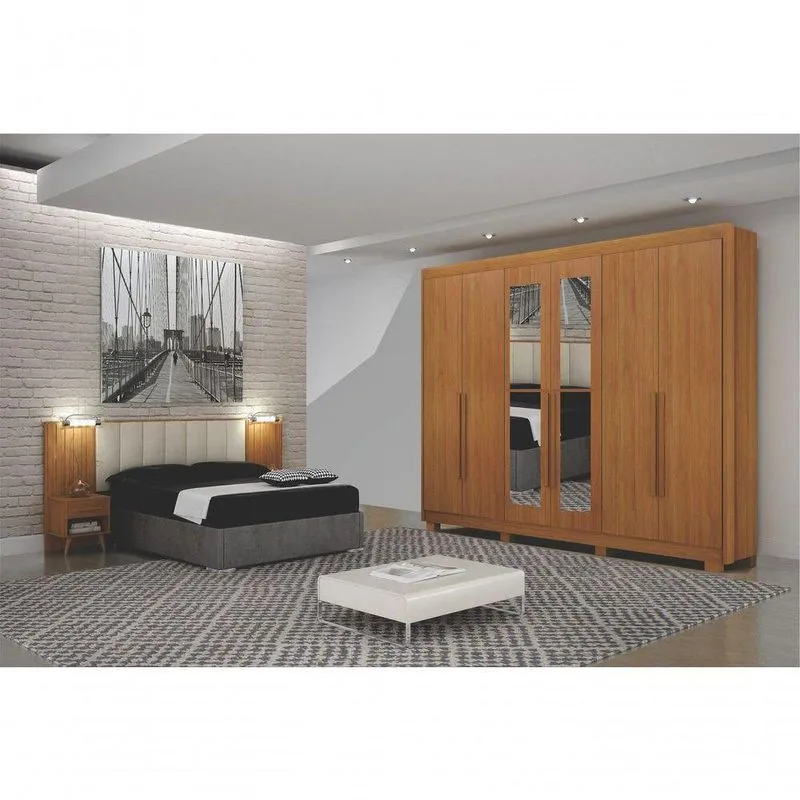 Dormitório Casal Mirage 6 Portas 6 Gavetas MDF com Painel e Mesa de Cabeceira Cinamomo Arbo Design