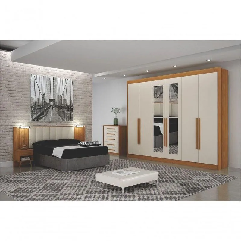 Dormitório Casal Mirage 6 Portas 6 Gavetas MDF Cinamomo Off White Com Painel E Mesa De Cabeceira