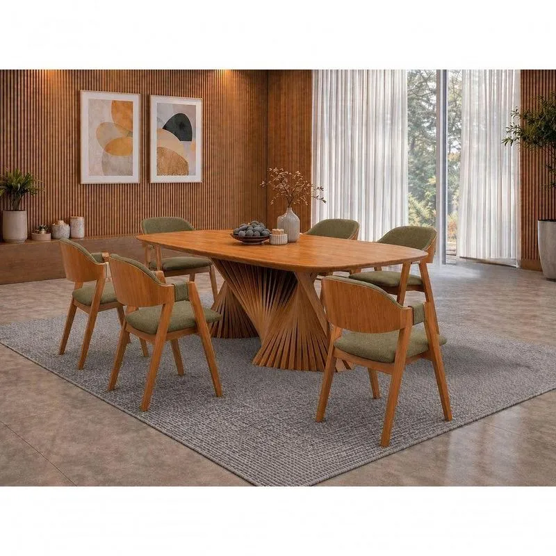 Conjunto De Jantar Duna 6 Lugares Tampo Em MDF Com Encosto Estofado Mel 180cm Requinte Salas