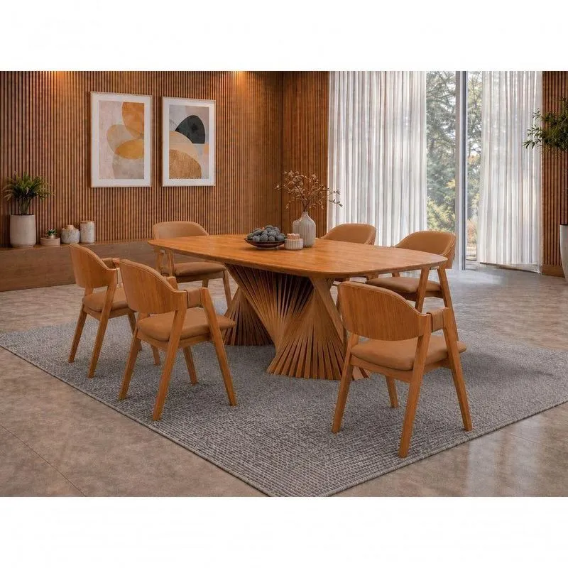 Conjunto De Jantar Duna 6 Lugares Tampo Em MDF Com Encosto Em Courino Caramelo 180cm