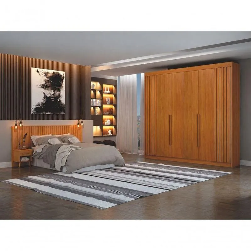 Dormitório Casal Verona 6 Portas 6 Gavetas MDF Cinamomo Com Painel E Mesa De Cabeceira Arbo Design
