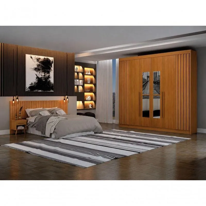 Dormitório Casal Verona 6 Portas 6 Gavetas MDF Com Espelho E Painel Para Cama Box Cinamomo Arbo