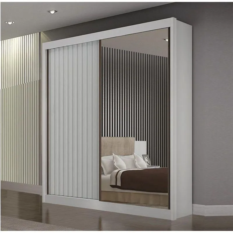 Guarda Roupa Solteiro Milano 2 Portas De Correr 3 Gavetas Mdf Com Espelho Branco