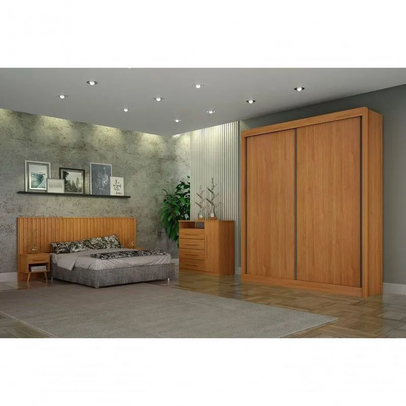 Dormitório Solteiro Milano 2 Portas De Correr 3 Gavetas MDF Cinamomo Com Guarda Roupa Painel Box