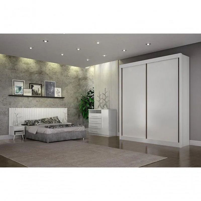 Dormitório Solteiro Milano 2 Portas De Correr 3 Gavetas MDF Branco Com Painel Box E Cômoda Arbo