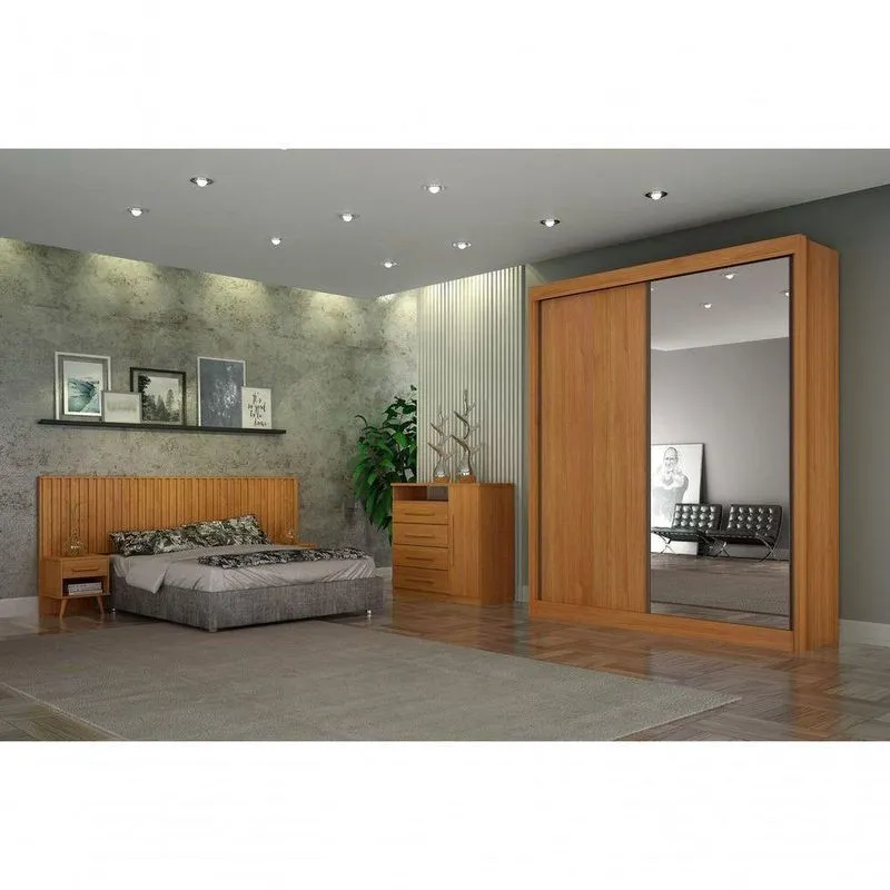 Dormitório Solteiro Milano 2 Portas De Correr 3 Gavetas MDF Cinamomo Com Guarda Roupa Painel Box