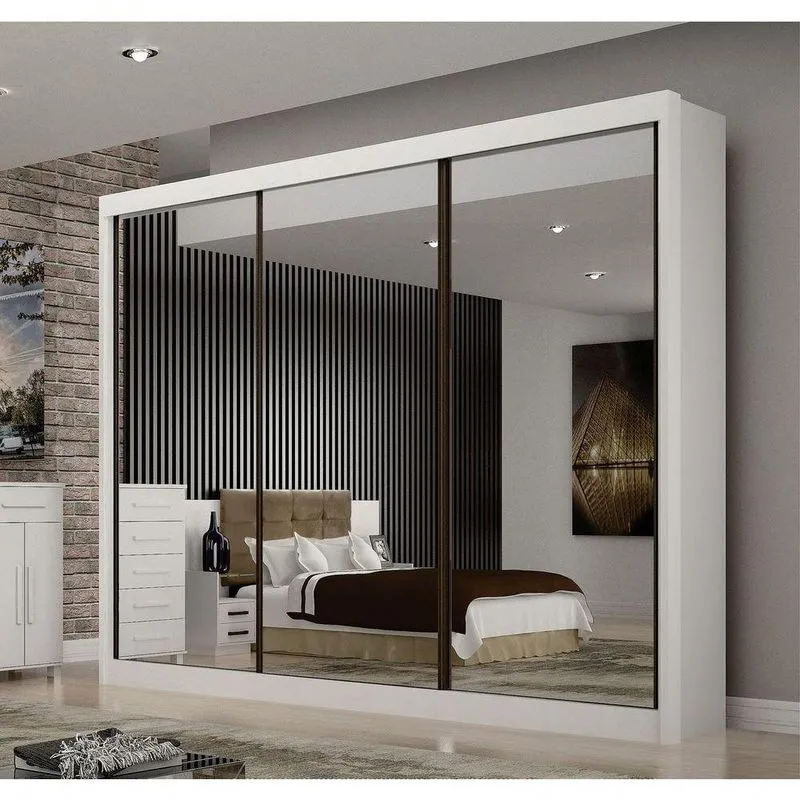 Guarda Roupa Casal Milano 3 Portas De Correr 6 Gavetas Mdf Com Espelho Branco Arbo Design