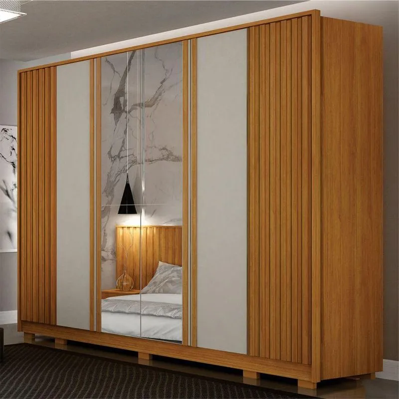 Guarda Roupa Casal Firenze 6 Portas De Bater 6 Gavetas MDF Com Espelho Cinamomo-Off White