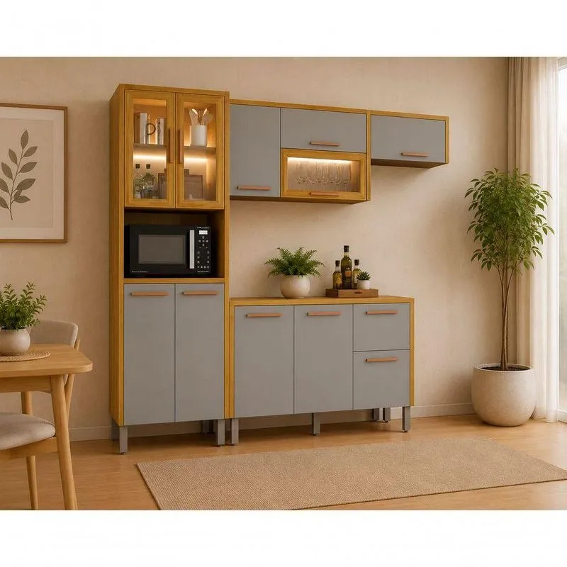 Cozinha Completa Dália 4 Módulos MDF 273cm Cinamomo E Cinza