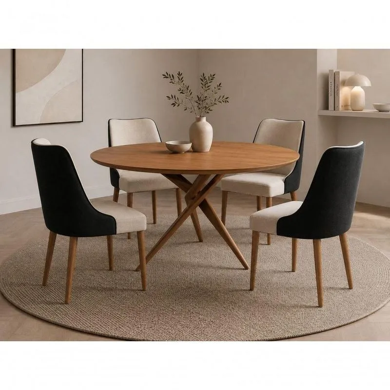 Conjunto De Jantar Catânia 4 Lugares Tampo Em MDF Com Cadeiras Estofadas Em Linho Cinamomo 120cm