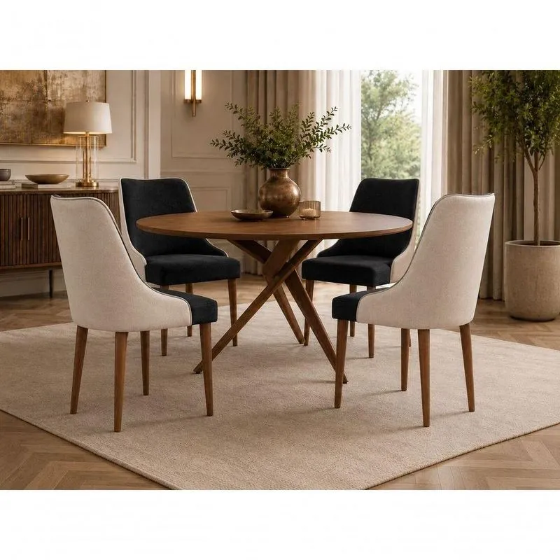 Conjunto De Jantar Catânia 4 Lugares Tampo Em MDF Com Cadeiras Estofadas Em Duas Cores Cinamomo