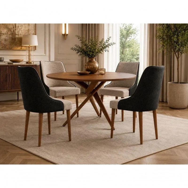 Conjunto De Jantar Catânia 4 Lugares Tampo Em Mdf Com Cadeiras Estofadas Em Tecido Duas Cores 120cm