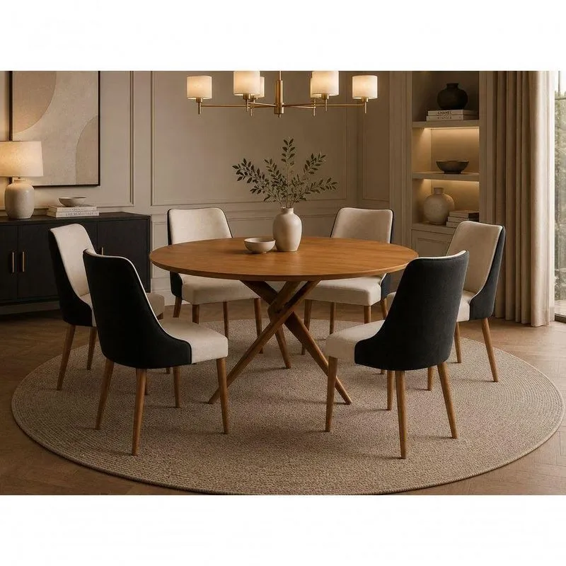 Conjunto De Jantar Catânia 6 Lugares Tampo Em MDF Com Cadeiras Estofadas Em Linho 135cm