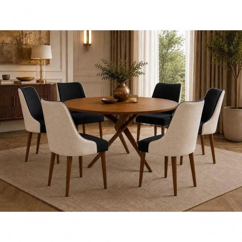 Conjunto De Jantar Catânia 6 Lugares Tampo Em MDF Com Cadeiras Estofadas Em Linho Cinamomo