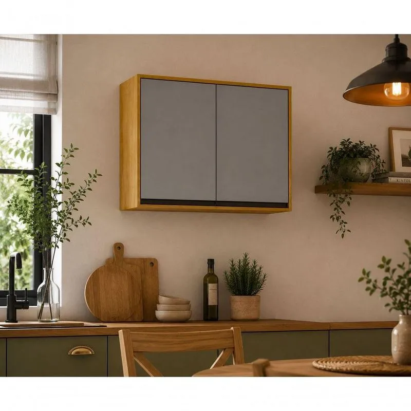 Aéreo Cozinha Dracena 80cm 2 Portas MDF Porta de Bater Cinamomo Cinza