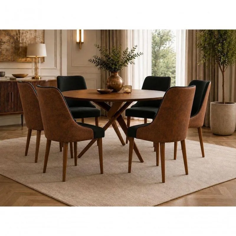 Conjunto De Jantar Catânia 6 Lugares Tampo Em MDF Com Cadeiras Estofadas Duas Cores 135cm
