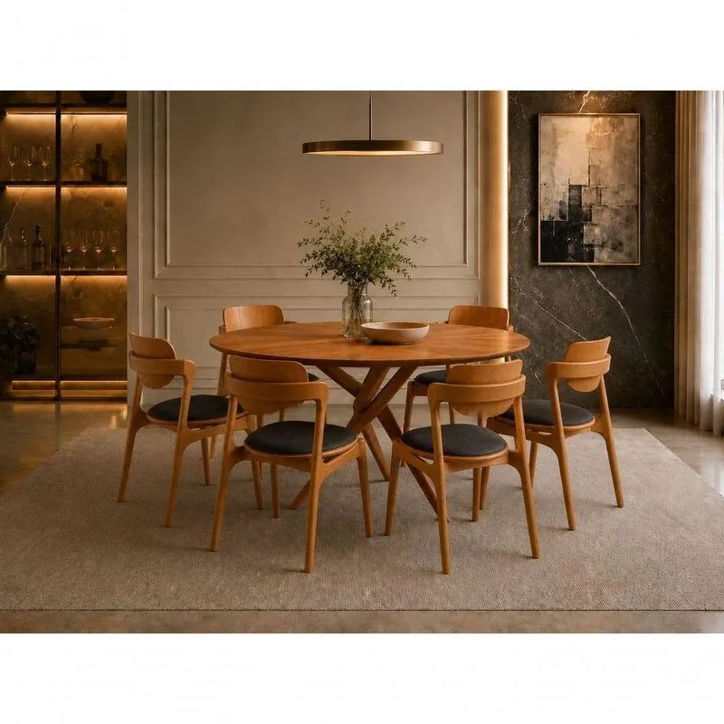 Sala De Jantar Palermo 6 Lugares Tampo Em Madeira Maciça Com Design Redondo 135cm