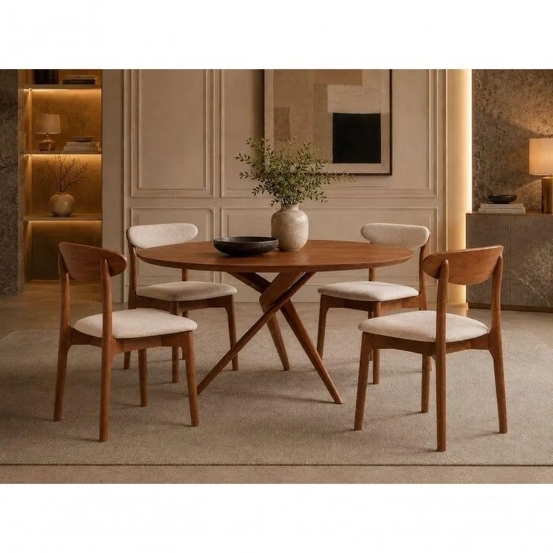 Sala De Jantar Pisa 4 Lugares Tampo Em Madeira Maciça Com Design Escultural Cinamomo 120cm