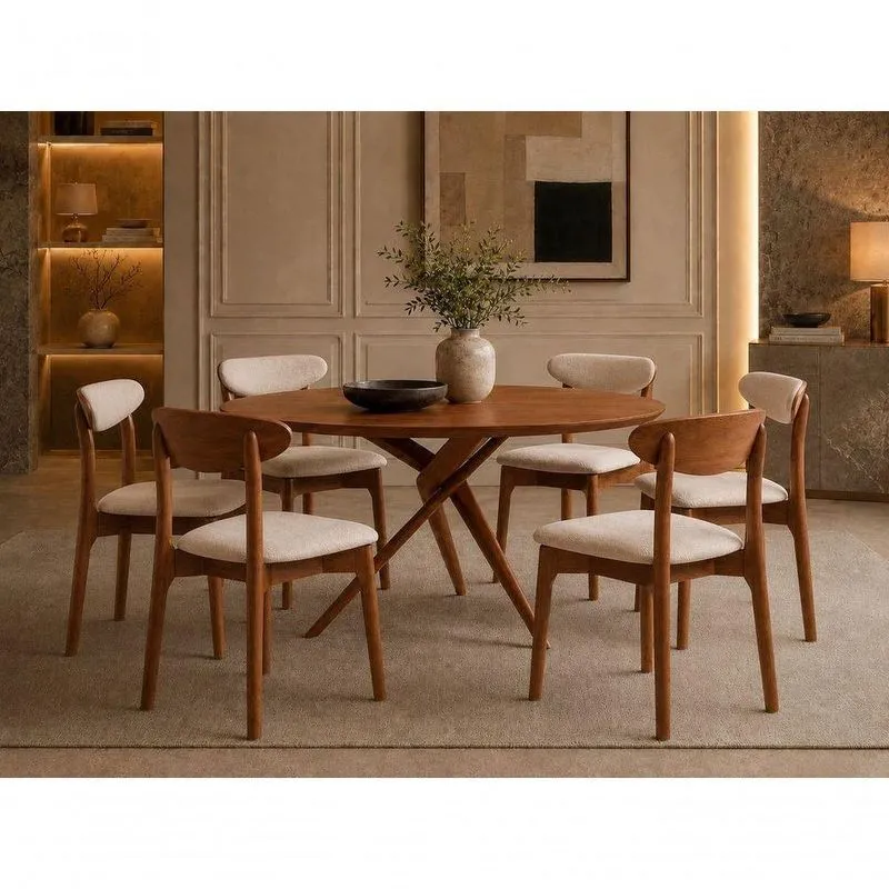 Conjunto De Jantar Pisa 6 Lugares Tampo Mdf Cadeiras Com Tecido Linho Cinza 135cm
