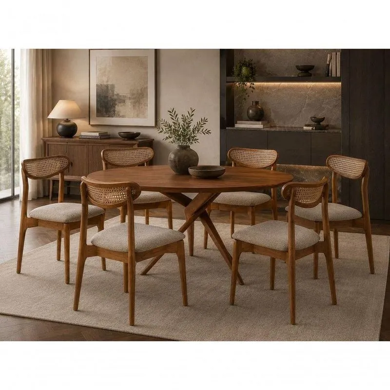Sala De Jantar Pisa Telinha 6 Lugares Tampo Em Mdf Com Cadeiras Em Tecido Linho Cinamomo