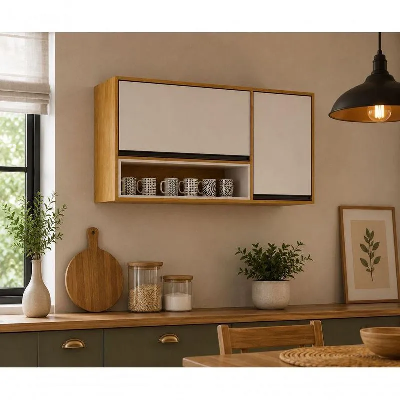 Aéreo Cozinha Dracena 120cm 3 Portas MDF Porta de Bater Cinamomo e Off White