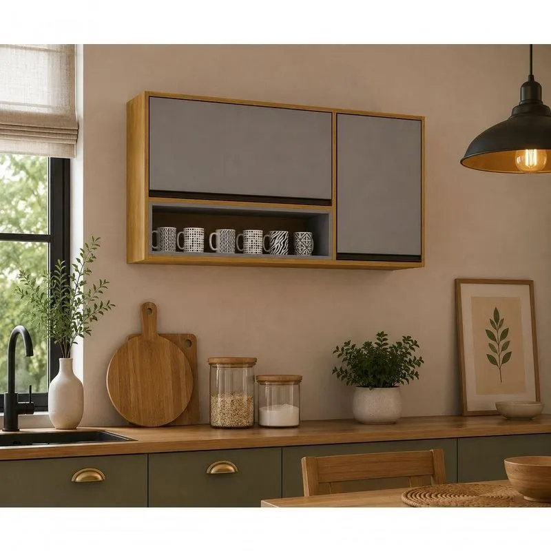 Aéreo Cozinha Dracena 120cm 3 Portas MDF Porta de Bater Cinamomo e Cinza