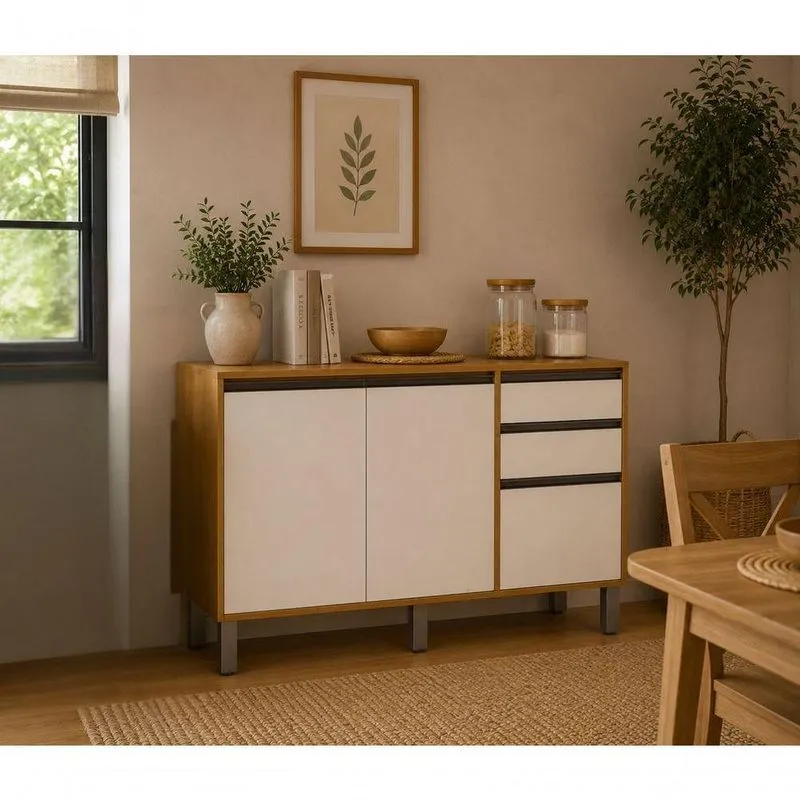 Balcão Cozinha Dracena 3 Portas MDF 120cm Cinamomo E Off White