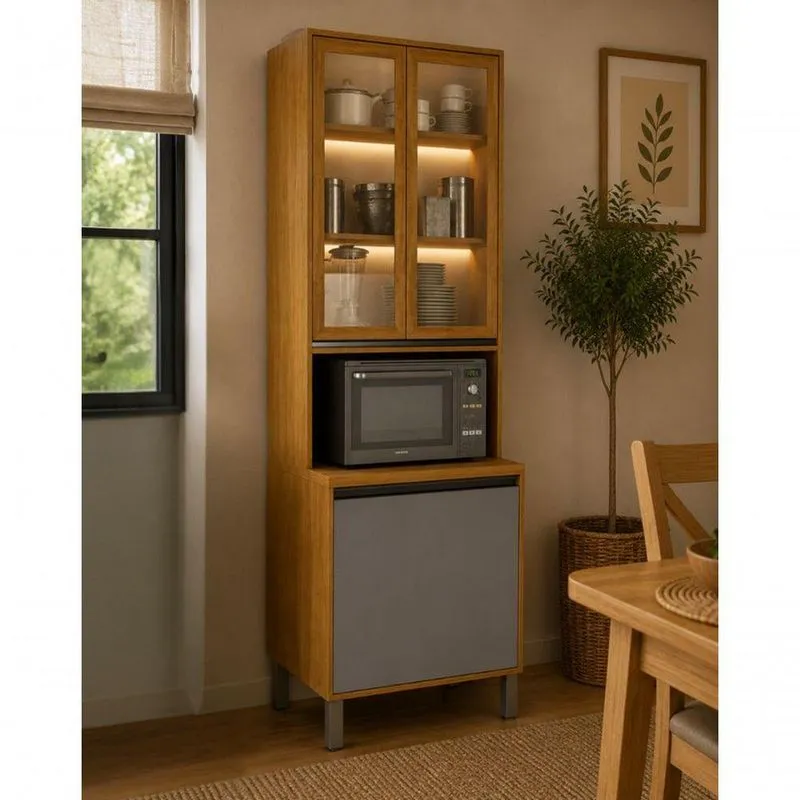 Paneleiro Cristaleira Dracena MDF 60cm Cinamomo e Cinza
