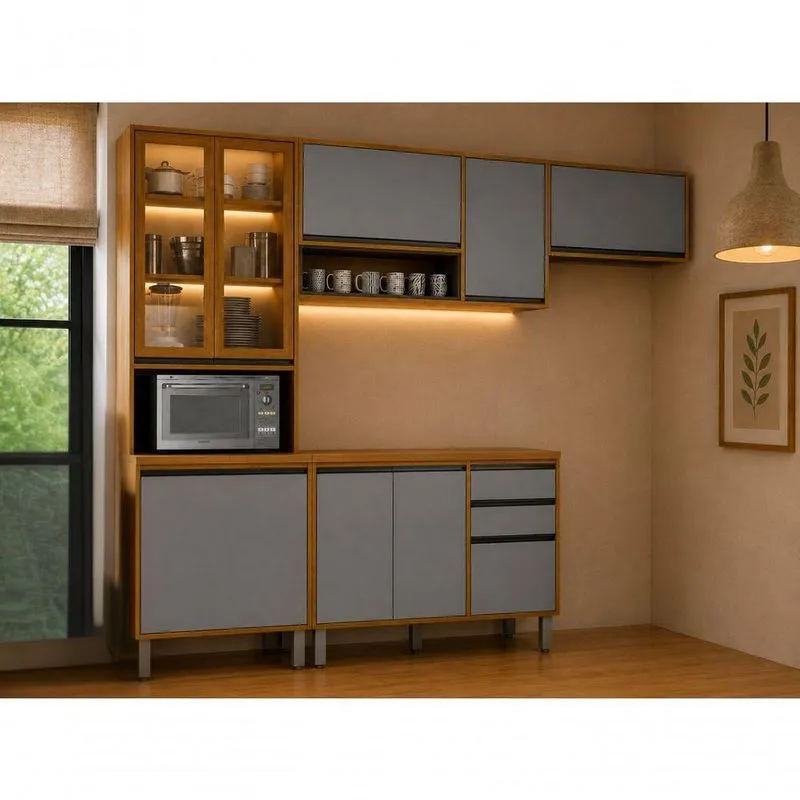 Cozinha Completa Dracena MDF Cinamomo E Cinza 4 Peças