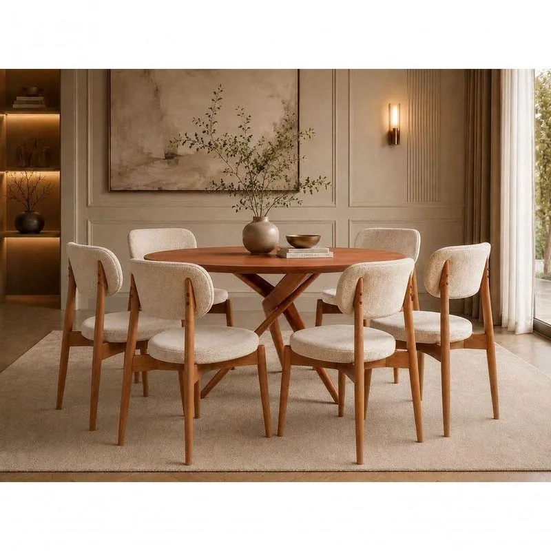 Conjunto De Jantar Bari 6 Lugares Tampo Em MDF Design Retorcido Café 120cm