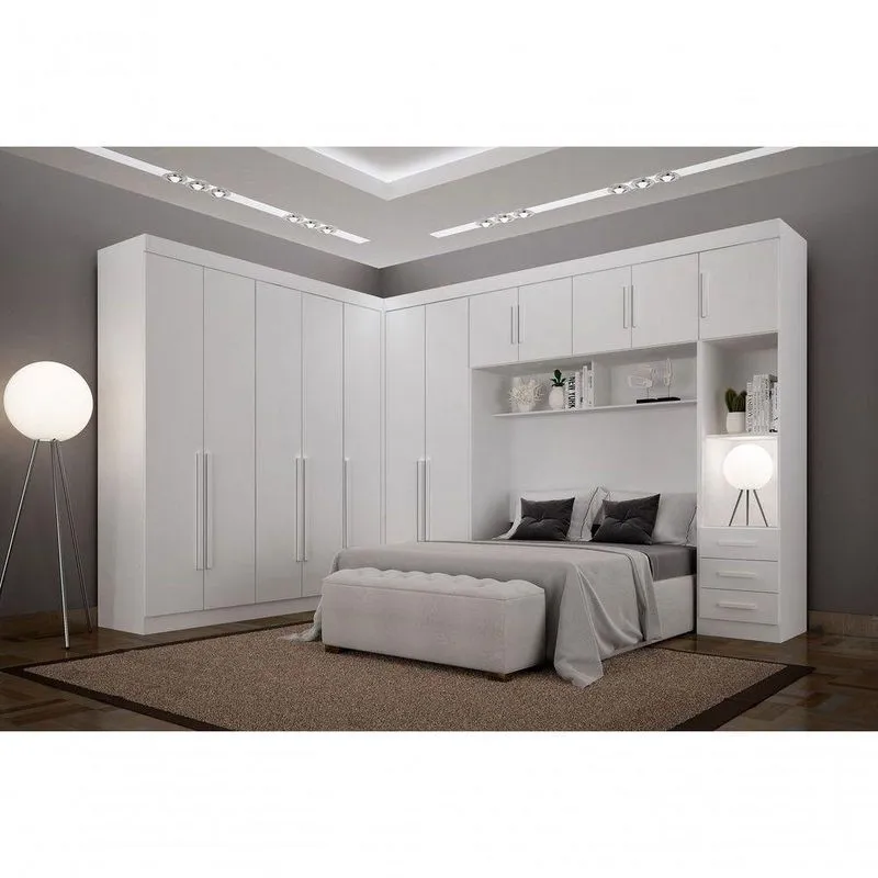 Módulo Completo Casal Áurea 12 Portas De Bater MDF Laqueado Branco Com Mesa De Cabeceira E Aéreo