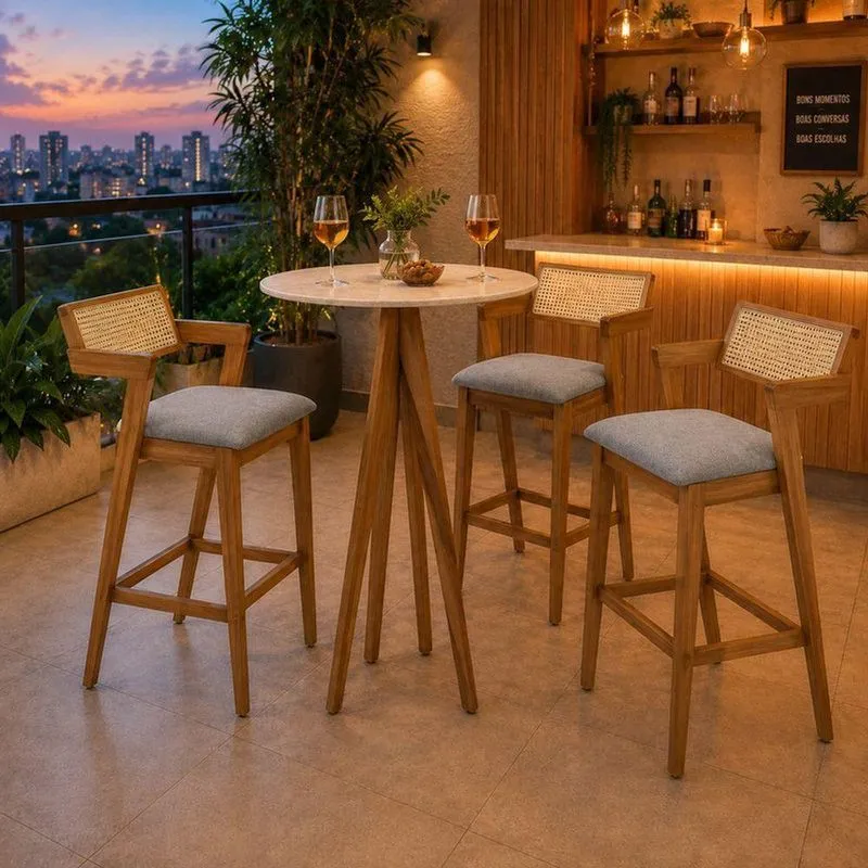Conjunto Bistrô Oslo 3 Lugares Tampo Em Mdf Com Banquetas Rattan Natural E Assento Linho Cinza 60cm