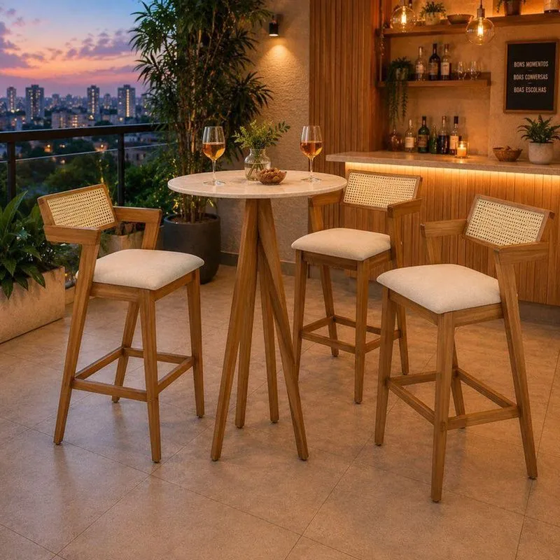 Conjunto Bistrô Oslo 3 Lugares Tampo Em Mdf Com Banquetas Rattan Natural E Assento Estofado Linho