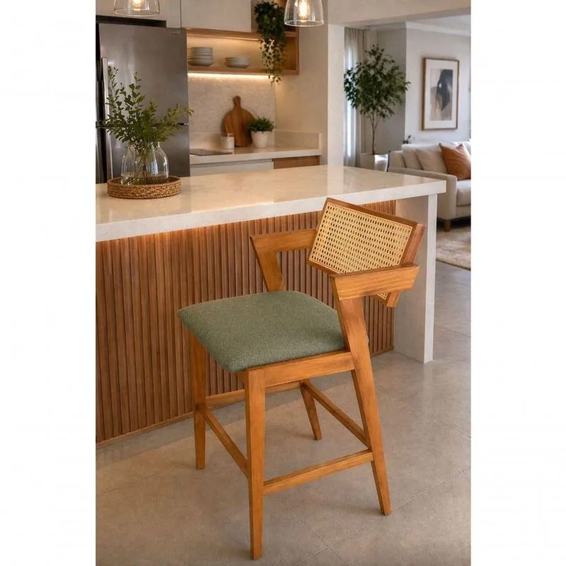 Banqueta Oslo Com Braços Em Madeira Maciça Tauari E Assento Estofado Verde Oliva