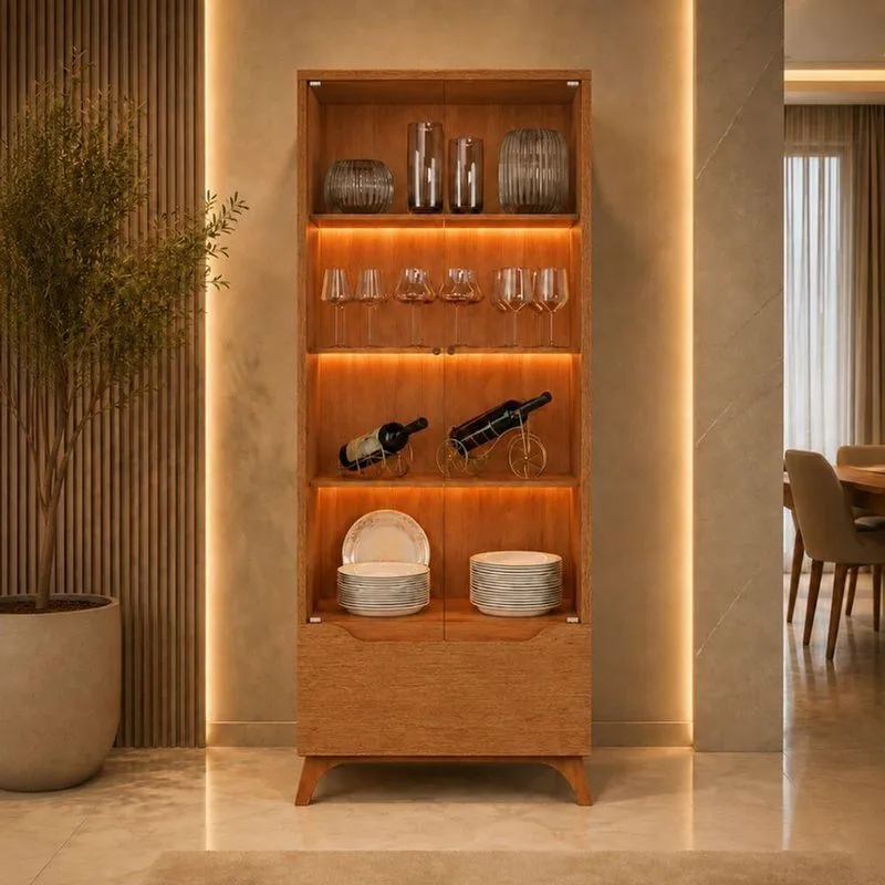 Cristaleira Lumina 2 Portas De Vidro 3 Prateleiras Mdf Com Iluminação Led Bivolt Naturalle