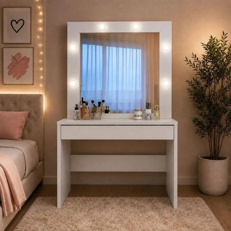 Camarim Cloe 1 Gaveta MDF 103cm Off White Com Espelho E LED