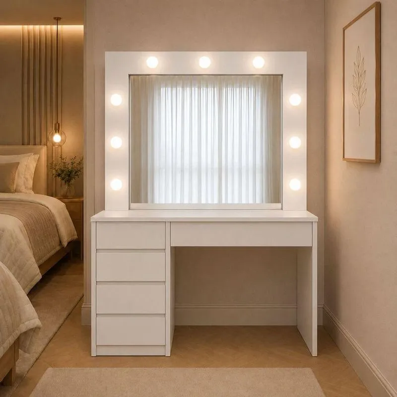 Camarim Polly 4 Gavetas Com Espelho Led Bivolt Mdf Branco