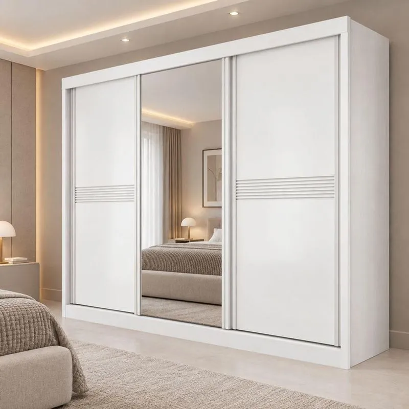 Guarda Roupa Casal Angra 3 Portas De Correr 6 Gavetas MDF Laqueado Branco